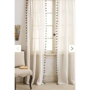 Anthropologie Pom Tassel Curtain Gray Stripe 50”x96” Linen Cotton One Panel